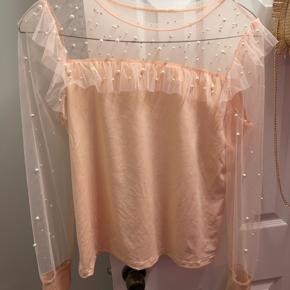 Sheer Pearl-Embellished Peach Blouse